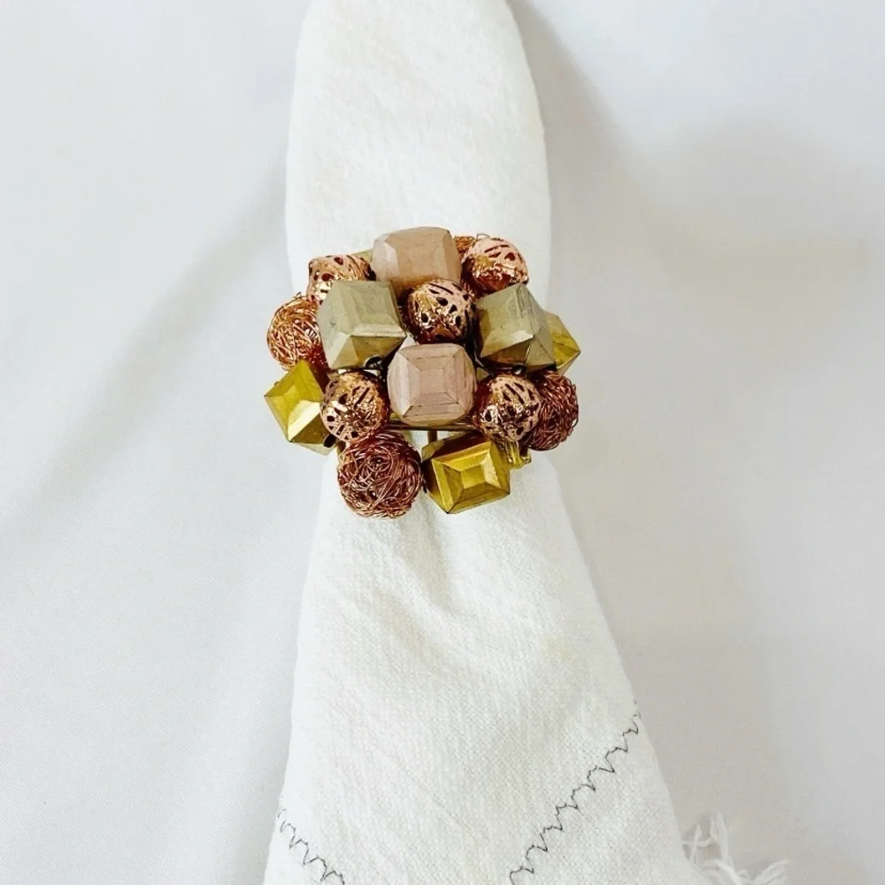 Set of 6 Pier 1 Beaded Floral Brown Gold Peach Napkin Rings